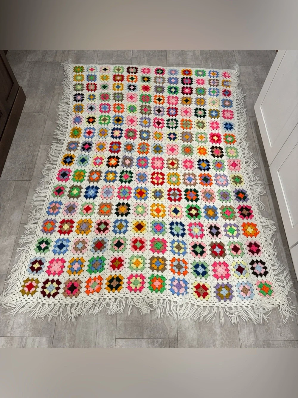Handmade white granny square crochet blanket 55x71 vintage